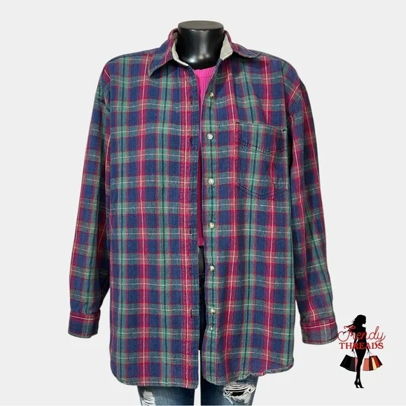 Vintage NorthCrest Plaid Distressed Flannel Mens LARGE Pocket Fall Button Shirt - Picture 2 of 8